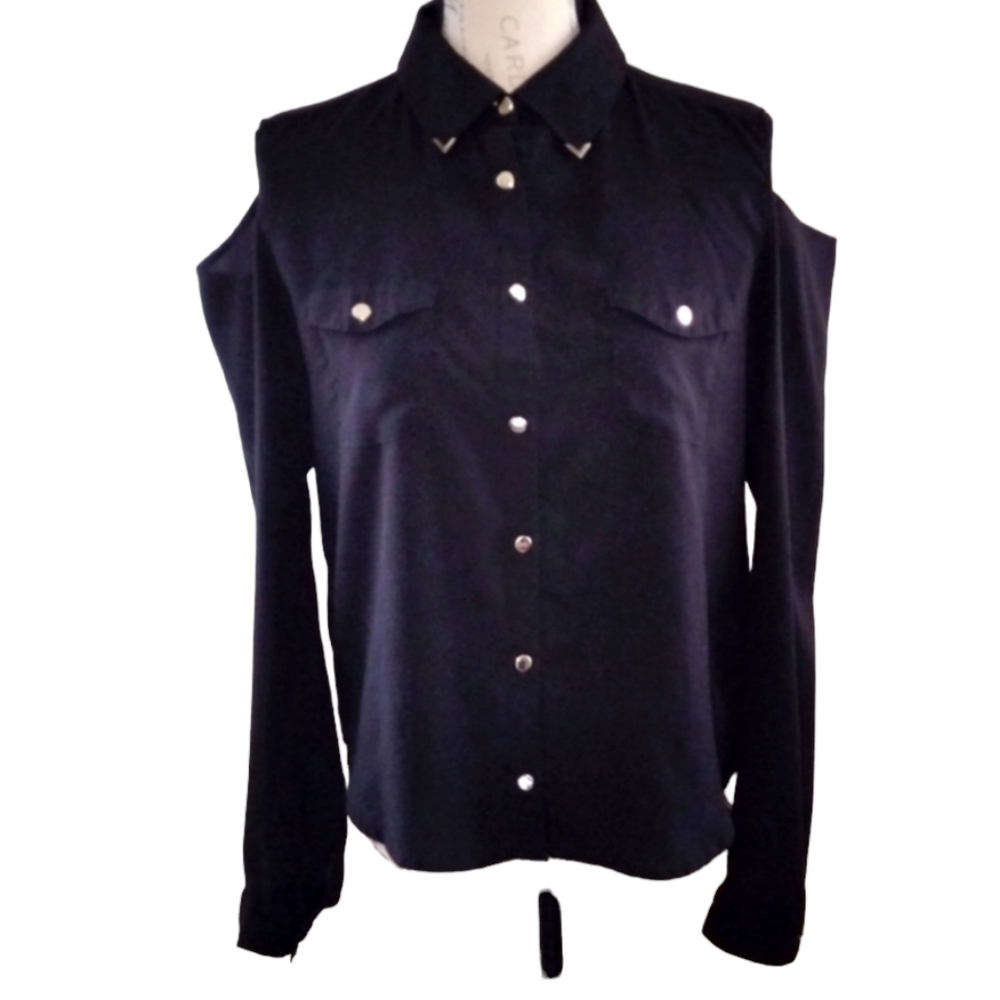Cold Shoulder Black Button Down Blouse